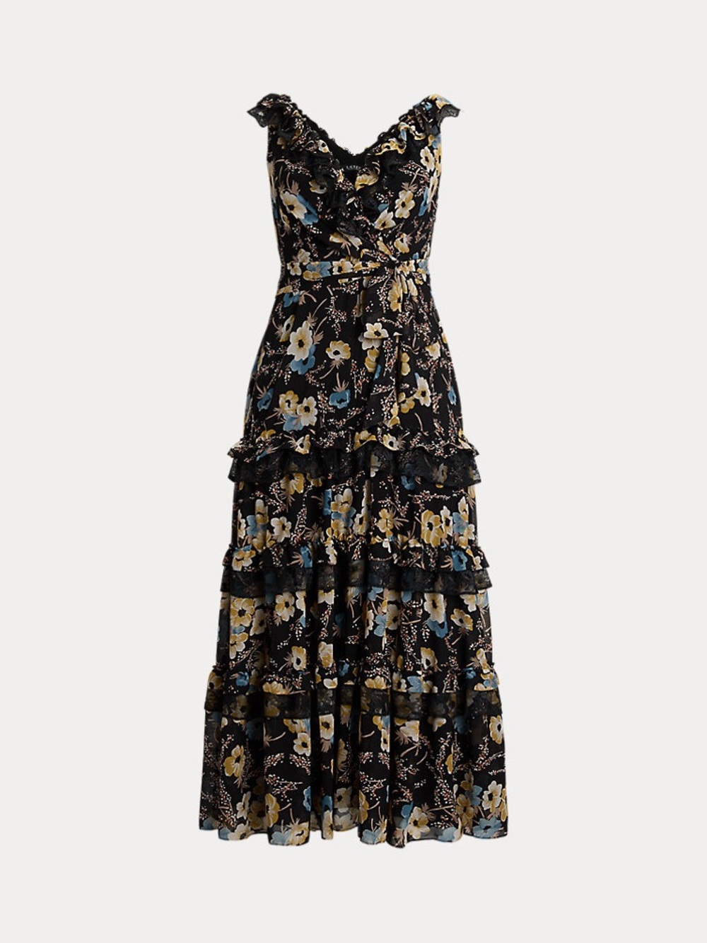 Ralph Lauren Georgette & Lace Sleeveless Gown Size 14W -hemmed for 5’3”